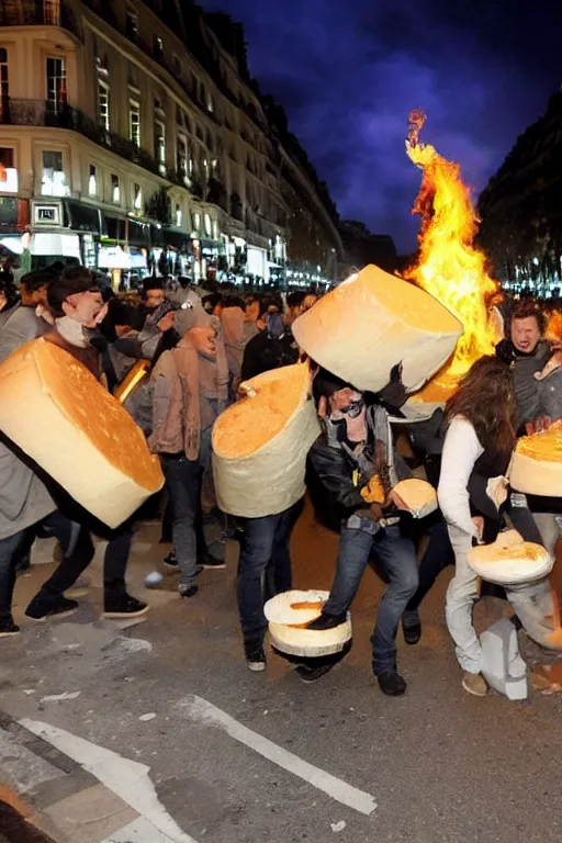 Image similar to citizens of paris riot and roll a giant cheese fondue onto champs elysees, getty images