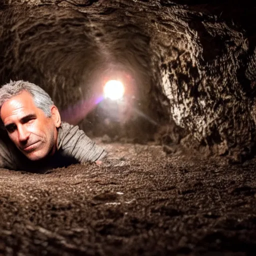 Image similar to Jeffery Epstein crawling in a dark cave, photography, creepy, ray william johnson, 8k,
