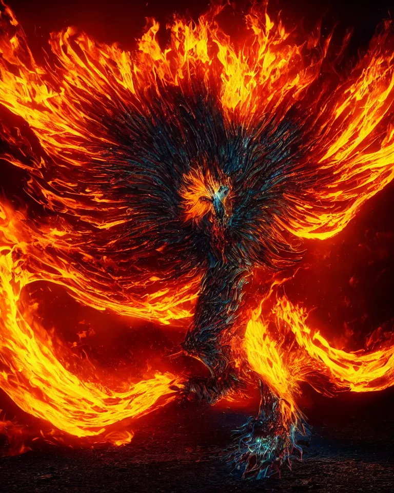 Image similar to a beautiful and imaginary photoreaslistic render of a burning steel phoenix rising out of the dirt and ashes, ethereal lighting, pixie dust magic, brilliant glow, cinematic, epic, epic scale ultrawide angle, deep vivid colors,