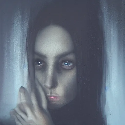 Prompt: a closeup of a woman in a grim and foreboding dark room, caressing her face. an evil face is depicted behind, artstation, cgsociety, 4 k, 8 k, uhd, dark lighting, vignette, 1 7 0 0 s oil painting.