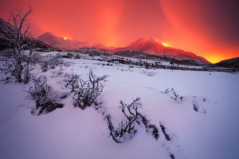 Image similar to amazing landscape photo of nuclear fallout in snowy mountains at sunset by marc adamus beautiful dramatic lighting