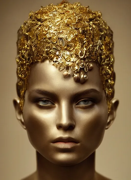 Image similar to sculpture made of gold, portrait, future, shaman, gold, close up, harper's bazaar, vogue, magazine, concept art, ornate, luxury, elite, elegant, trending on artstation, by ruan jia, by Kenneth Willardt, by ross tran, by WLOP, by Andrei Riabovitchev,