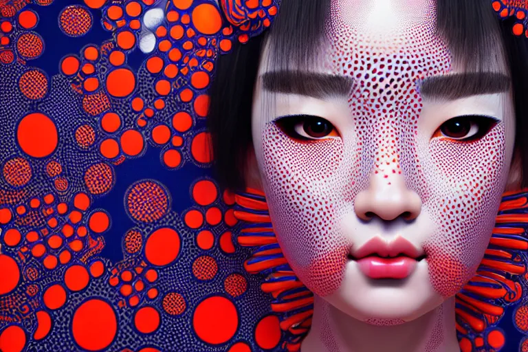 Image similar to hyperrealistic detailed portrait of a geisha, background by yayoi kusama, part by kei mieno, part by ross tran, part by james jean, ultra realistic, highly detailed, symmetrical face, detailed body, 3 d render, very cohesive, masterpiece