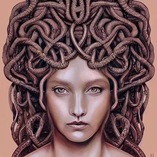 Image similar to symmetrical, detailed portrait color painting of medusa by greg rutowski, rose gold tones, priestess, full body