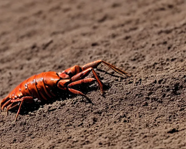 Prompt: action photography, viewed from far away, award winning macro photo of a tiny ultra detailed muddy lobster running fast in desert sand, dirt and dust, fast shutter speed, motion blur, tiny gaussian blur, highly detailed, highly intricate, depth of field, national geographic