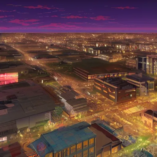 Prompt: modern anime still of an overview of a small coastal Florida town at night, downtown in the distance, key anime visuals