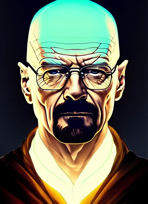 Image similar to symmetry portrait of walter white, sci - fi, tech wear, glowing lights intricate, elegant, highly detailed, digital painting, artstation, concept art, smooth, sharp focus, illustration, art by artgerm and greg rutkowski and alphonse mucha