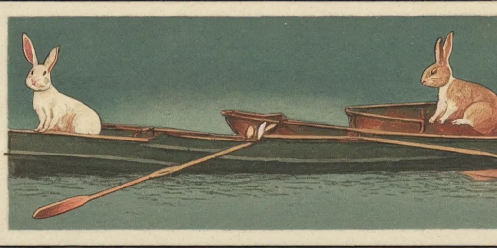 Prompt: a 1 9 1 0 s postcard representing a rabbit in a rowboat