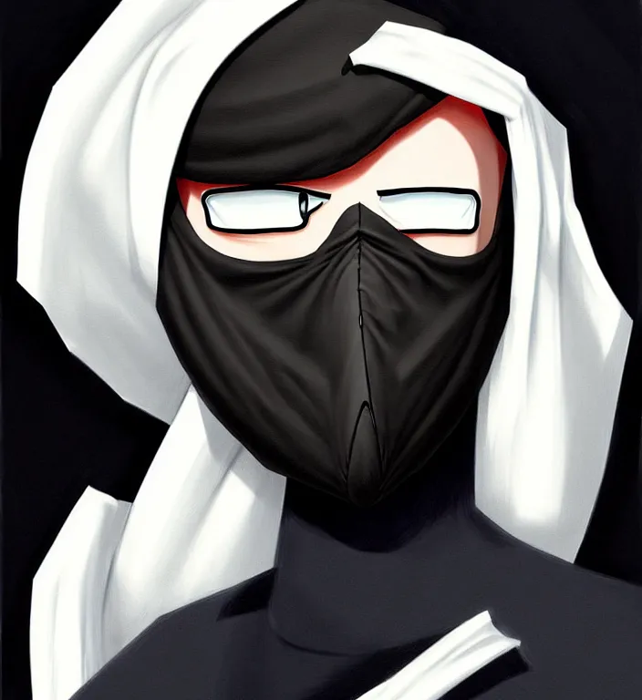 Prompt: white man with black fabric mask, short dark hair, true anatomy!, digital painting, art by hayao miyazaki