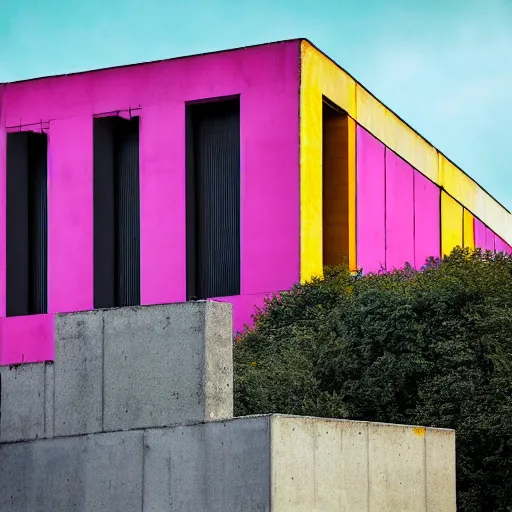 Prompt: brutalist building with accents of pink and yelloww. dark and moody.