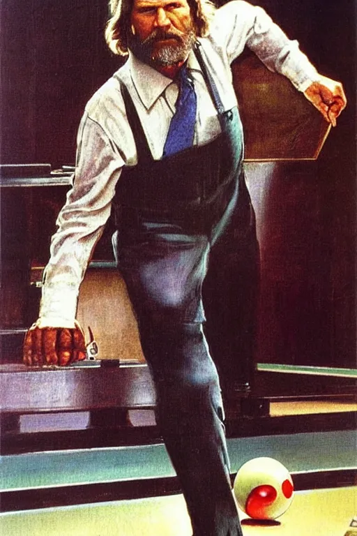 Image similar to Jeff Bridges from the movie The big Lebowski playing bowling painted by Norman Rockwell