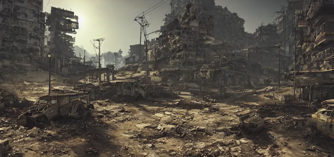 Image similar to A photorealistic and highly detailed landscape of post apocalyptic Hong Kong set in the Fallout Universe, dynamic lighting, very sunny