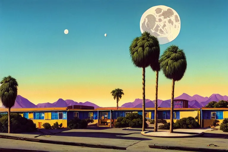 Image similar to natural american landscape | abandoned motel | palm trees | snowy mountains | moon in sky, painting by syd mead and weta studio and moebius and james jean and frank frazetta, highly detailed, rule of third, soft lighting, 8 k resolution, oil on canvas, architectural magazine, beautiful detailed, insanely intricate details, artstation trending, hypermaximalistic, high details, cinematic