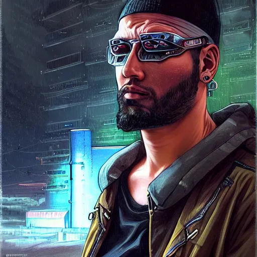 Image similar to A portrait of a cyberpunk thug guy on a parking lot in a Soviet slum on the moon, Norilsk, sci-fi, fantasy, intricate, very very beautiful, elegant, highly detailed, digital painting, artstation, concept art, smooth, sharp focus, illustration, art by artgerm and greg rutkowski and alphonse mucha and evgeny zubkov