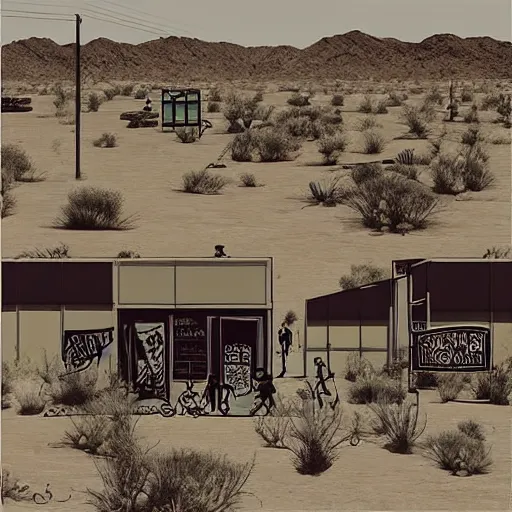 Prompt: “ nihilistic punk rock anarchist community in the desert, celshading, photorealism ”