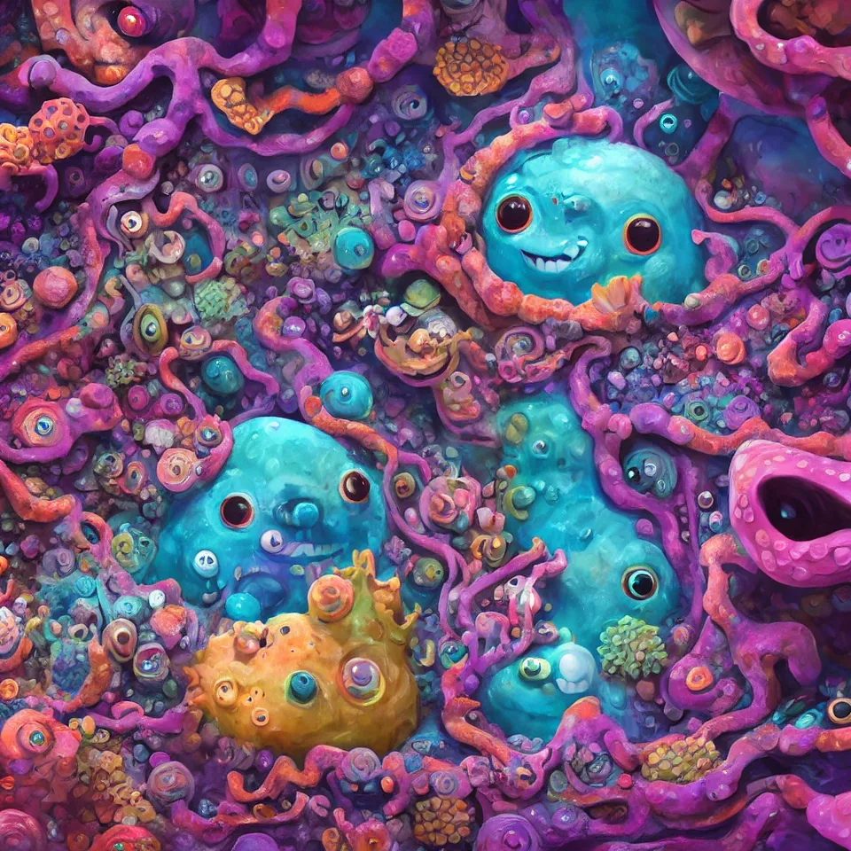 Prompt: of a colorful deep sea cave with strange cute friendly happy creatures with huge eyes, mouth, long tongue and round teeth appearing from sandy coral, in the style of gehry and gaudi, macro lens, shallow depth of field, ultra detailed, digital painting, trending artstation, concept art, illustration, cinematic lighting, photorealism, epic, octane render