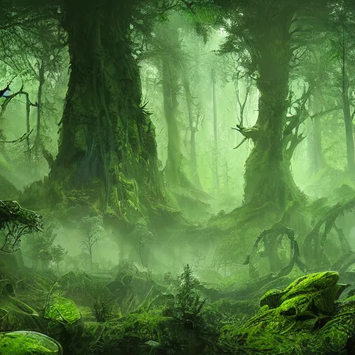 Image similar to a green eldritch monstrosity in an overgrown forest viewed from the sky by Marek Okon, god rays, fantasy art, 4k, HDR, photorealistic, 8k, trending on artstation