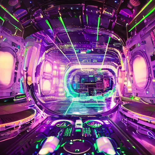 Prompt: hologram dj rave in the interior of an international space station. giant robotic mech particle accelerator. huge music festival with wall of sound. photorealistic 35mm 4k octane render