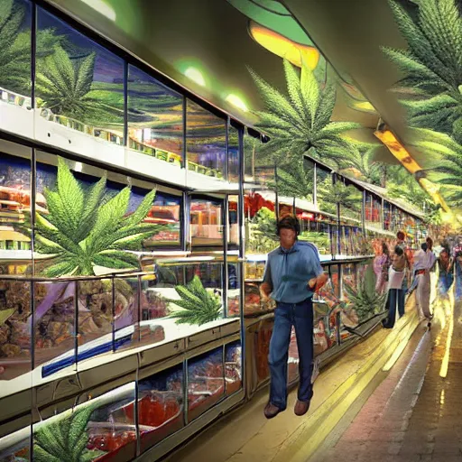 Image similar to bustling economy organised retail cannabis leaf in a pot industry, aussie, fun concept digital art, environment portrait by steve hanks, australia rendered in pixar