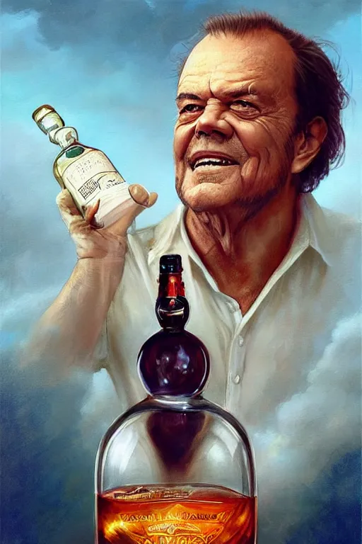 Image similar to a ship in a bottle but instead of a ship it is jack nicholson in the bottle, a young jack nicholson, fancy whiskey bottle, masterpiece painting by artgerm and tom bagshaw and boris vallejo