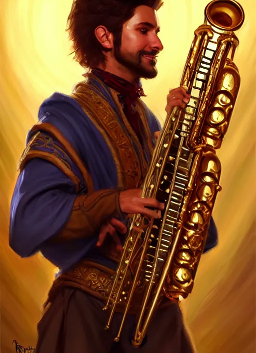 Image similar to a _ fantasy _ style _ portrait _ painting _ of pasific male charismatic bard playing instrument, rpg dnd oil _ painting _ unreal _ 5 _ daz. _ rpg _ portrait _ extremely _ detailed _ artgerm _ greg _ rutkowski _ greg