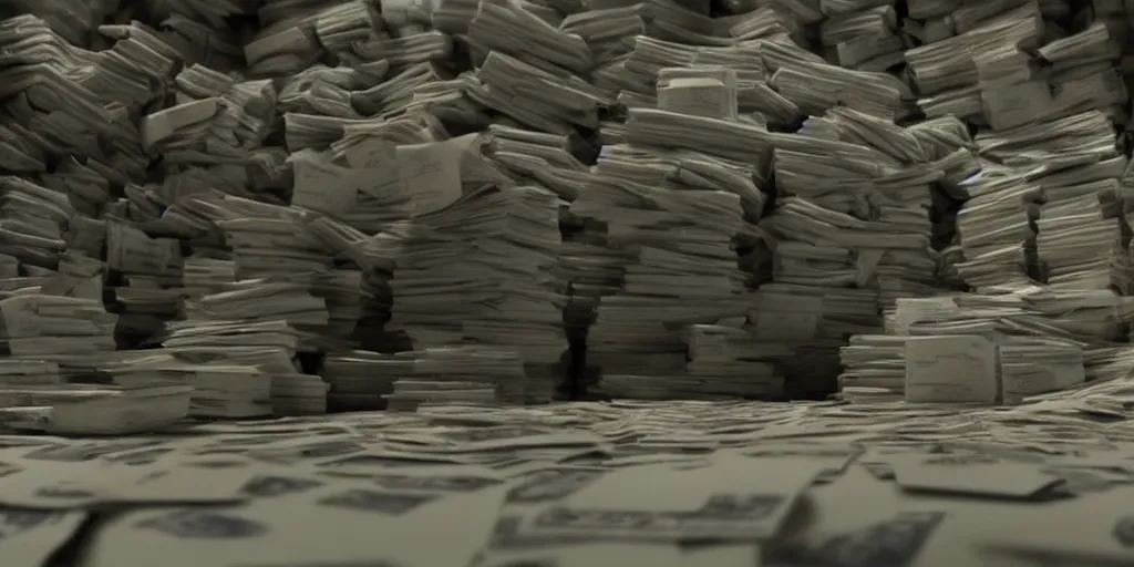 Image similar to a film still of cash money piling up in a vault, shallow depth of field, cinematic, award winning cgi, vfx, film still