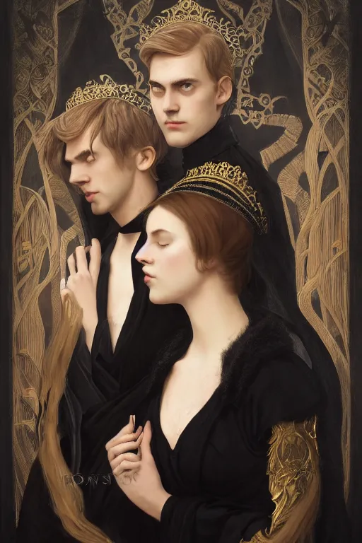 Prompt: a portrait of handsome young male nordic Satan wearing a crown and his elegant beautiful nordic cultist wife dressed in black, bored, illustration, dramatic lighting, soft details, painting oil on canvas, art nouveau, octane render, HDR, 4k, 8k, HD, by Edmund Blair Leighton, Brom, Charlie Bowater, trending on artstation, faces by Tom Bagshaw, Sargent