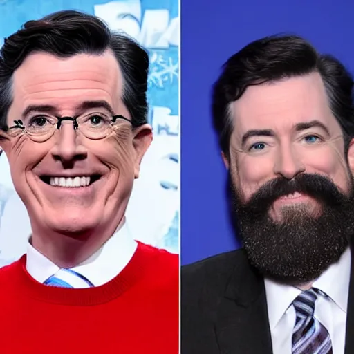 Prompt: stephen colbert with a frozen frosted beard ice cubes beard cooling pack beard