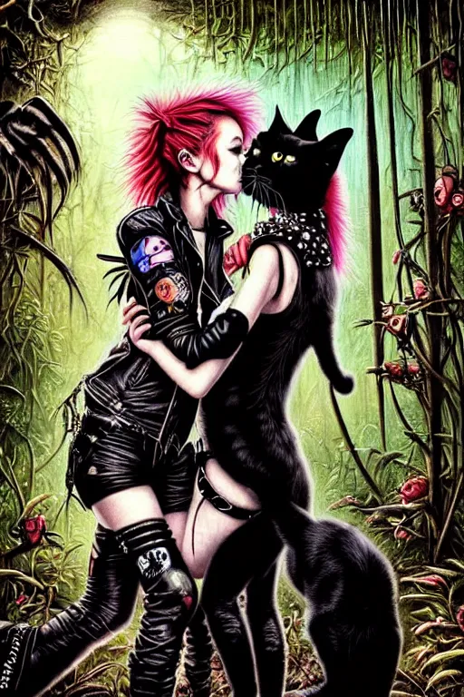 Image similar to punk rock girls kissing and making selfie with black cats in jungle , 1980 style by by Ayami Kojima, mad max jacket, post apocalyptic, Cyberpunk, renaissance, Gothic, mystic, highly detailed, digital painting, 4k, fog, oil painting by Leonardo Da Vinci, hyper realistic style, fantasy by Olga Fedorova