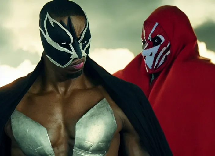Image similar to film still of michael b jordan as spawn in the new spawn movie, giant chains, large cape, 8 k