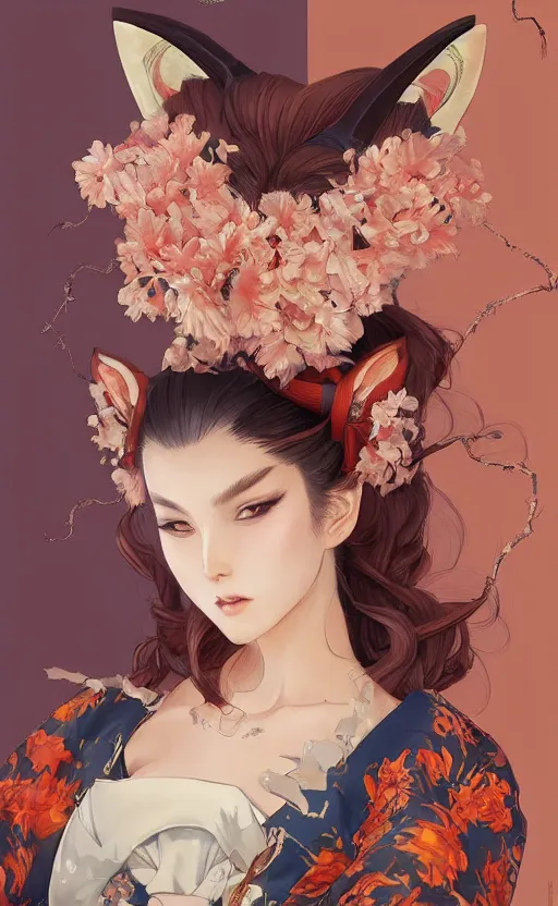 Image similar to An beautiful digital painting of a woman with fox ears and nine tails wearing a kimono, by Stanley Artgerm Lau, WLOP, Rossdraws, James Jean, Andrei Riabovitchev, Marc Simonetti, and Sakimichan, trending on artstation