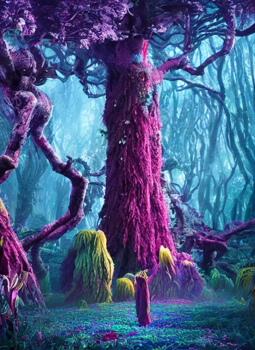 Prompt: a small psychedelic surreal horror giant made of multicolored psychotropic trees and flowers, magical creatures in the chaotic spirit forest, fulcolor octane reminder, cinematic, ultra - realistic