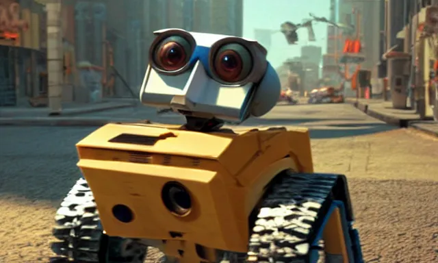 Prompt: full - color cinematic movie still from the 2 0 0 8 pixar animated film wall - e starring johnny 5 the robot from short circuit. high - definition 3 d - rendered animation.