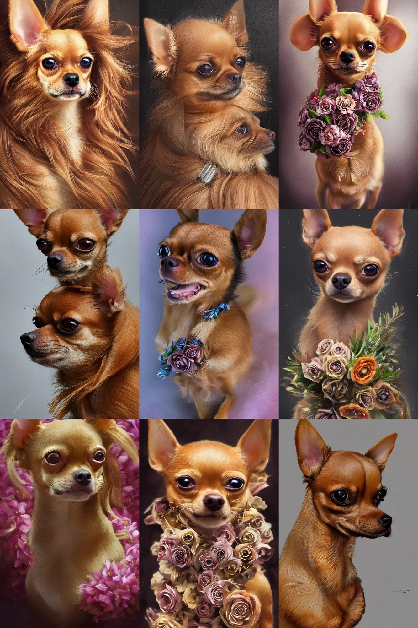 Prompt: ultra realistic illustration, portrait of a tan chihuahua long hair bouquet, close up shot, fantasy, intricate, elegant, highly detailed, digital painting, artstation, concept art, smooth, sharp focus, illustration, surrealism