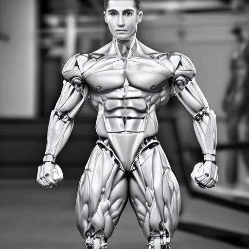 Image similar to a realistic detailed photo of a bodybuilder who is also a male android andrei deiu, shiny skin, posing robotically, blank stare