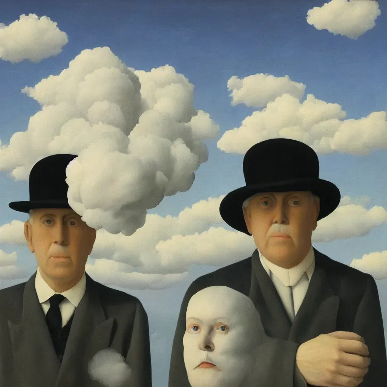 Image similar to portrait of a spooky ghost, clouds in the background, by rene magritte, detailed painting, distance, middle centered, hd, hq, high resolution, high detail, 4 k, 8 k