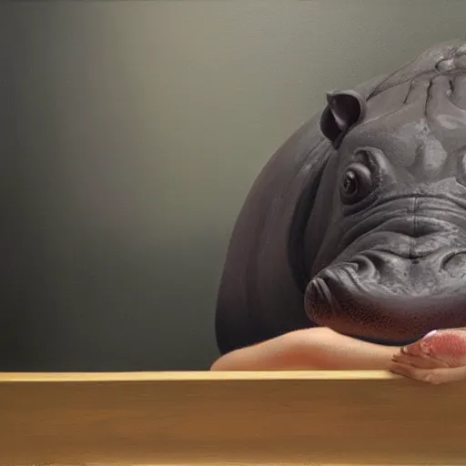 Image similar to A humanoid hippo wearing a towel sitting in a steamy sauna, oil painting, hyperrealism