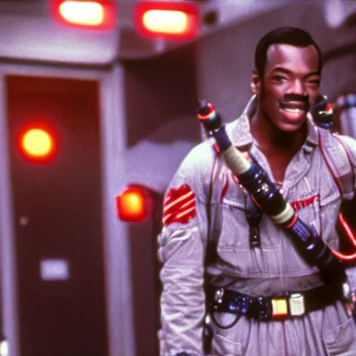 Image similar to young Eddie Murphy as a Ghostbuster in a still from the movie Ghostbusters 8k hdr
