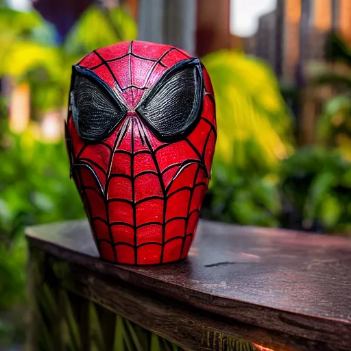 Image similar to a closeup photorealistic capture of glossy spider man style tiki mug at an outdoor trader vic's bar featuring the face of spider man. tiki theme. bright scene. fine detail. this 4 k hd image is trending on artstation, featured on behance, well - rendered, extra crisp, features intricate detail, epic composition and the style of unreal engine.