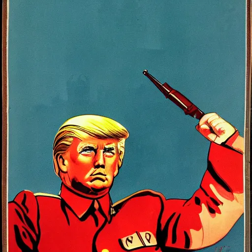 Prompt: ussr propaganda art demonstrating red army soldier looking as donald trump