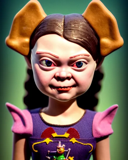 Image similar to highly detailed closeup, face profile portrait of a tin toy greta thunberg as a medieval goblin eating cakes in a castle, hyper realistic, artstation, illustration, nicoletta ceccoli, mark ryden, lostfish, dan decarlo, bob clampett, max fleischer, digital paint, matte paint, vivid colors, detailed and intricate environment