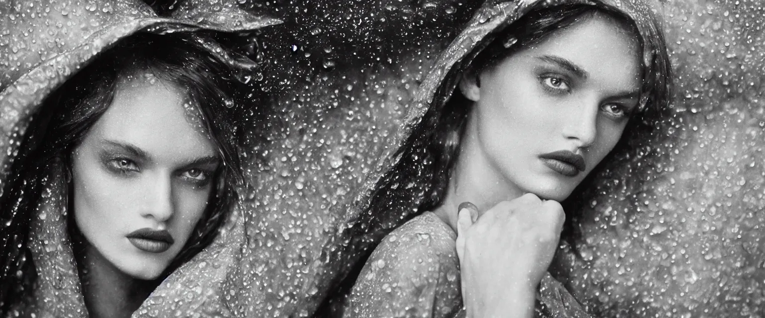 Prompt: fashion model close up in the rain at night by avedon