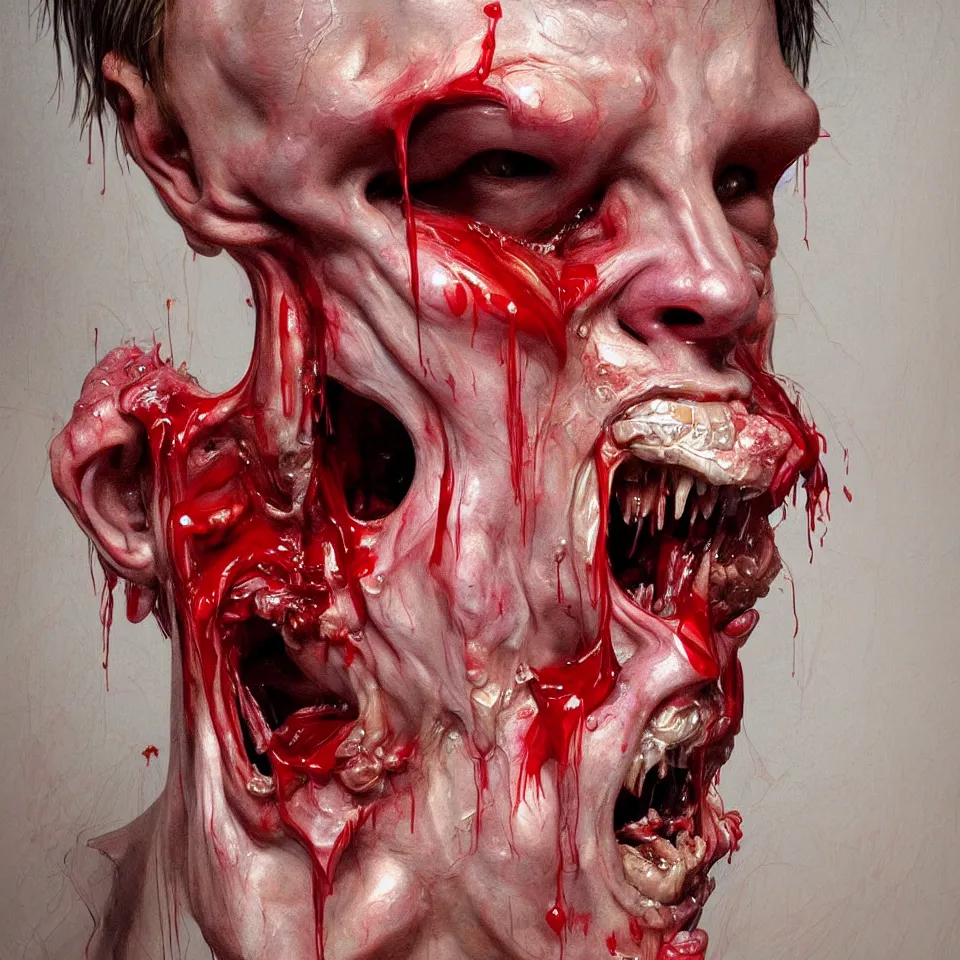 Image similar to bright realistic anorexic man puking blood and smiling franticly, apartment, rotten flesh, diffuse lighting, fantasy, intricate, elegant, highly detailed, lifelike, photorealistic, digital painting, artstation, illustration, concept art, smooth, sharp focus, art by francis bacon and jenny saville