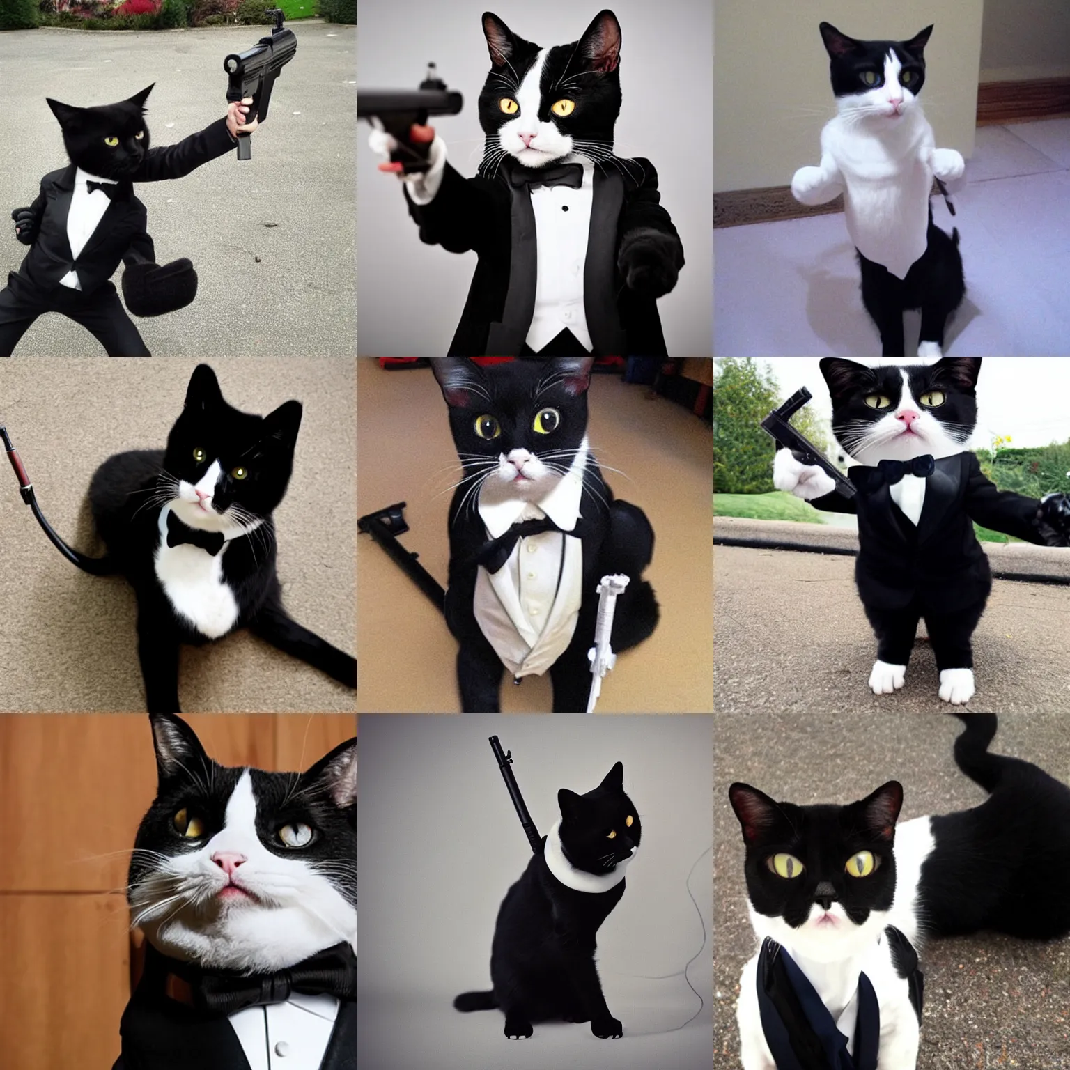 Prompt: photo of tuxedo cat threatening you with a gun