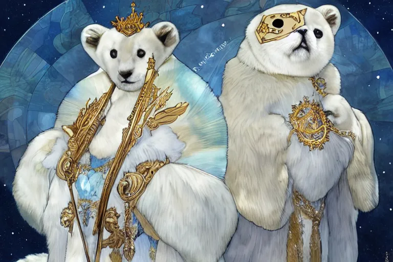 Prompt: a portrait of king baby harp seal, lord of the Arctic, portrait, gold blue silver and white colors, water color, art by artgerm and greg rutkowski and alphonse mucha and jin xiaodi and anthony devine