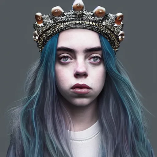 Image similar to portrait of Billie Eilish wearing a crown, dramatic lighting, detailed, very realistic, trending on Artstation, Cgsociety