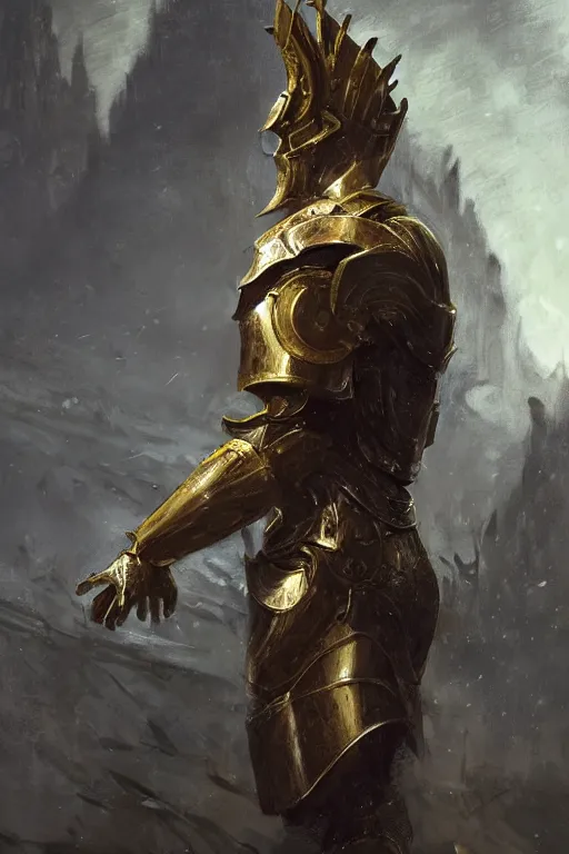 Image similar to a masculine elegant man from sideview with large shoulders, armor, and wearing golden laurel wreath, ethereal horror fantasy art by greg rutkowski and magali villanueve and monet con