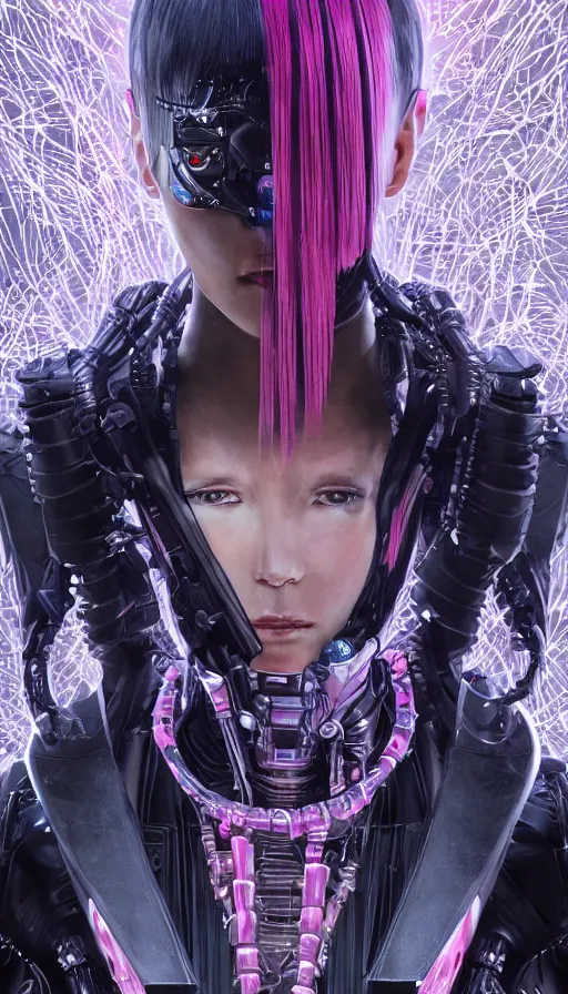 Prompt: full body head to toe portrait of a cyberpunk sci-fi cyborg netrunner bionic man, third person, D&D, sci-fi fantasy, matrix , intricate, black with shiny silver and pink fringe highlights, highly detailed, art by Range Murata, highly detailed, 3d, octane render, bright colors, digital painting, trending on artstation, sharp focus, illustration style of Stanley Artgerm, dramatic background