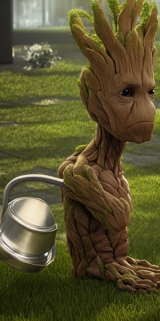 Prompt: photorealistic wide shot of groot watering can his feet, octane render, unreal engine 4k, volumetric light, fog, detailed