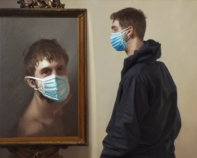 Image similar to masterpiece oil paint of a european young man covering face with fabric mask, trending on artstation, context art, extremely detailed